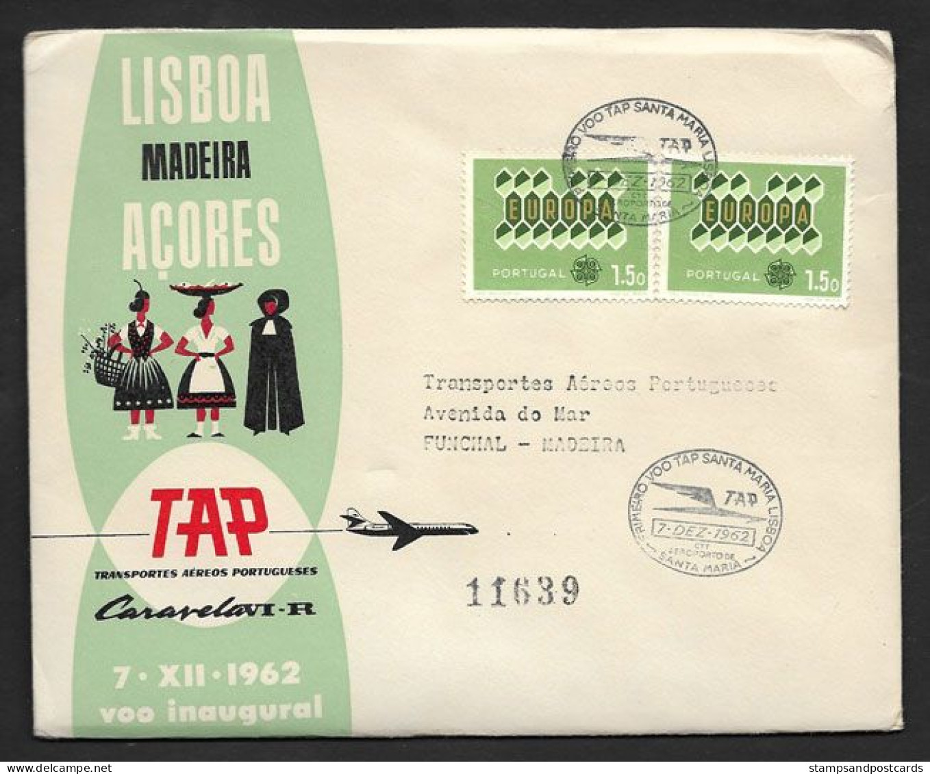 Portugal Premier Vol TAP Lisbonne Lisboa Santa Maria Açores Recommandée 1962 First Flight Lisbon Azores R Cover - Cartas & Documentos