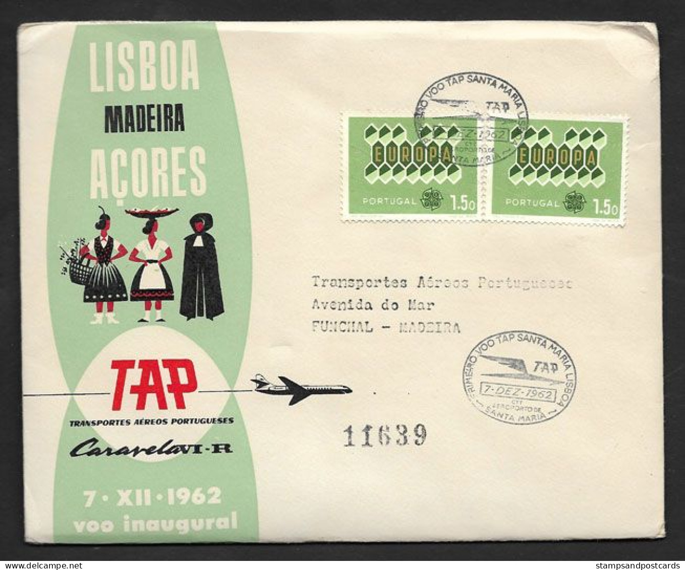 Portugal Premier Vol TAP Lisbonne Lisboa Santa Maria Açores Recommandée 1962 First Flight Lisbon Azores R Cover - Lettres & Documents