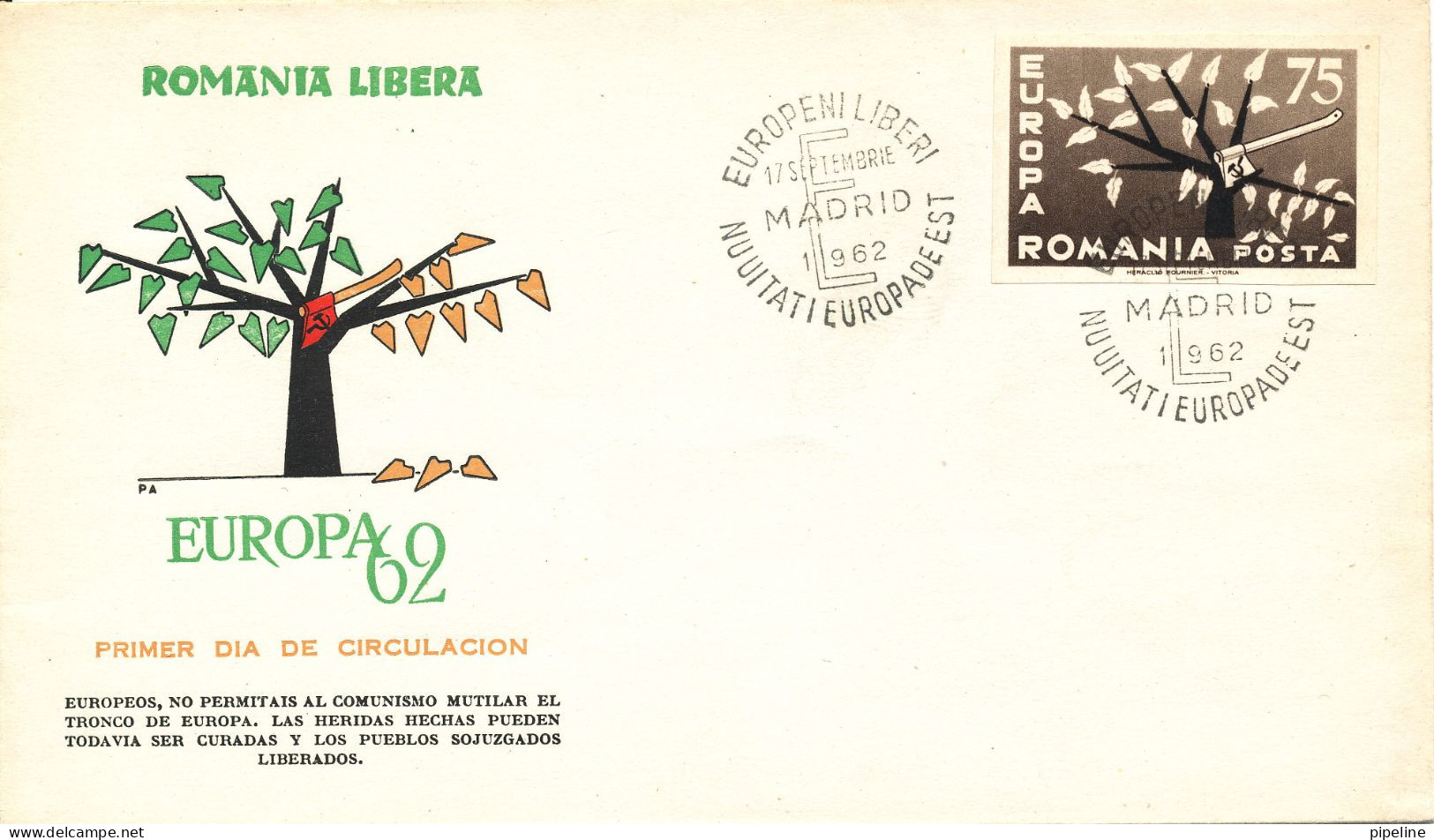 Romania FDC Madrid 17-9-1962 EUROPA CEPT With Cachet Free Romania Exile In Spain - 1962