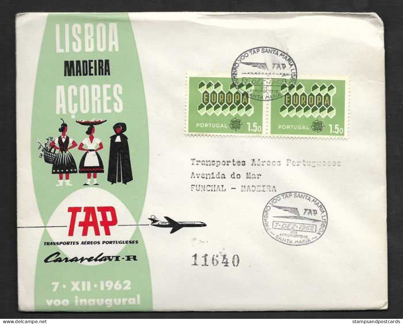 Portugal Premier Vol TAP Santa Maria Açores Funchal Madère Recommandée 1962 First Flight Azores Madeira Registered Cover - Covers & Documents