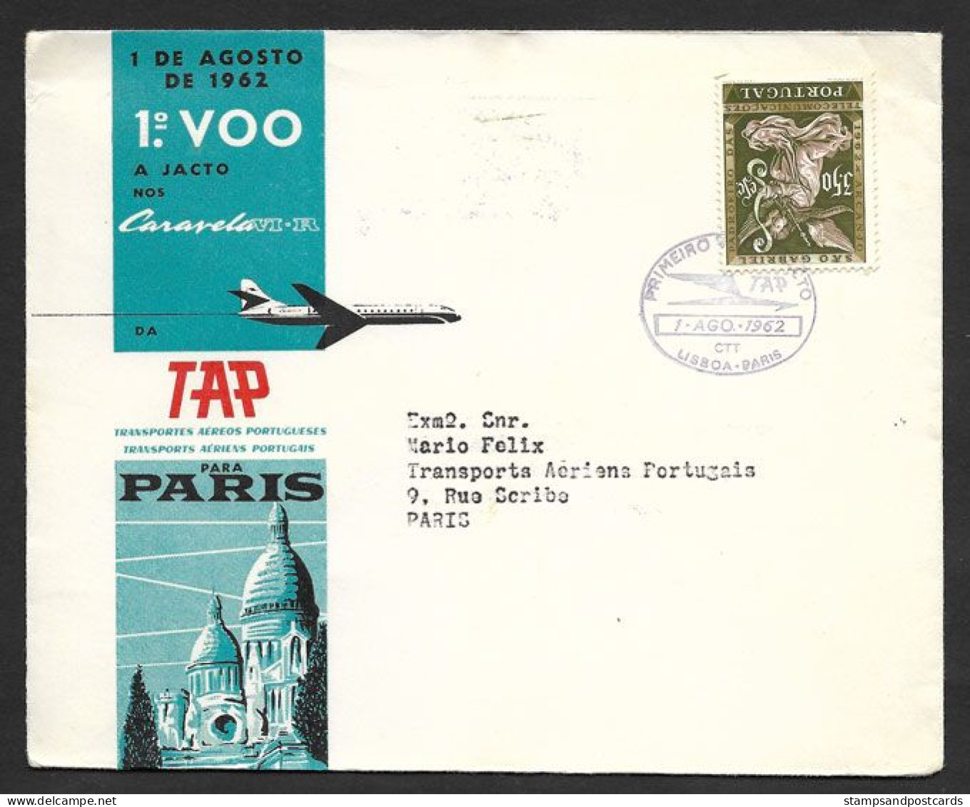 Portugal Premier Vol A Jact TAP Lisbonne Paris France Caravell VI-R 1962 First Jact Flight Lisbon Paris - Storia Postale