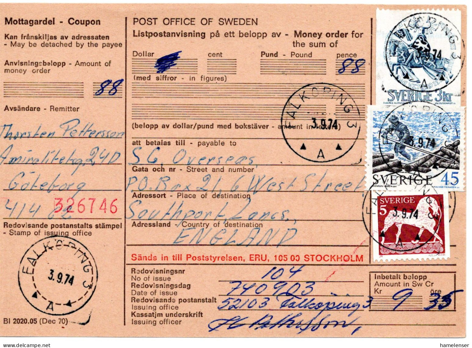 76592 - Schweden - 1974 - 3Kr. Ritter MiF A Postanw FALKOEPING -> Grossbritannien - Lettres & Documents