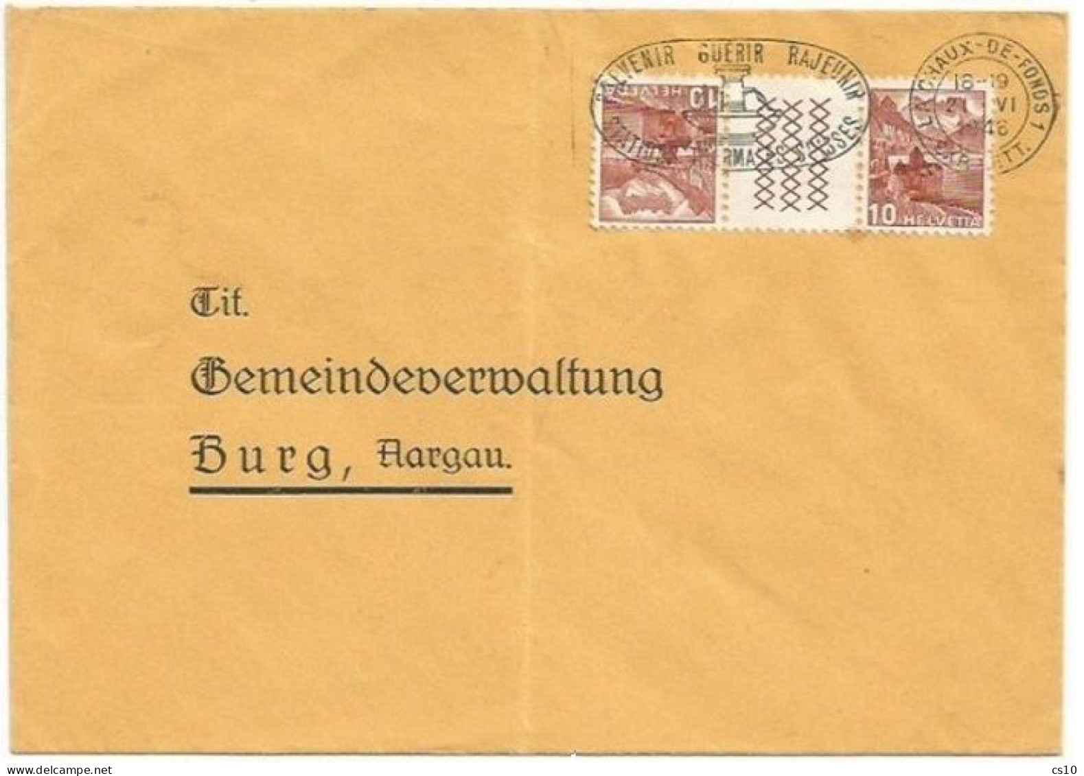 Suisse Tete Beche C.10+c.10  S55 Simple Franking Cover La Chaux 21jun1946 X Aargau - Marcophilie