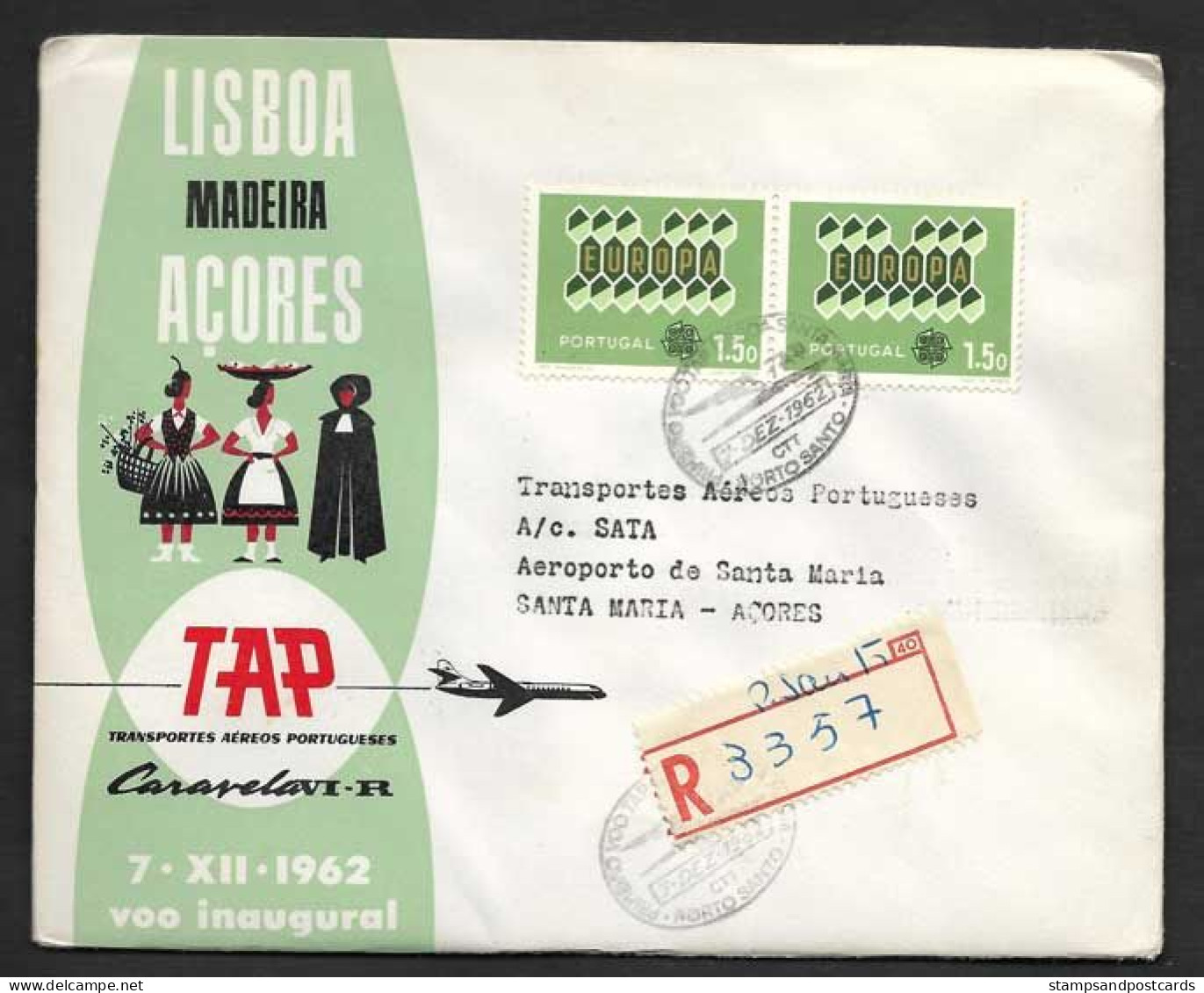 Portugal Premier Vol TAP Porto Santo Madère Santa Maria Açores Recommandée 1962 First Flight Madeira Azores R Cover - Brieven En Documenten
