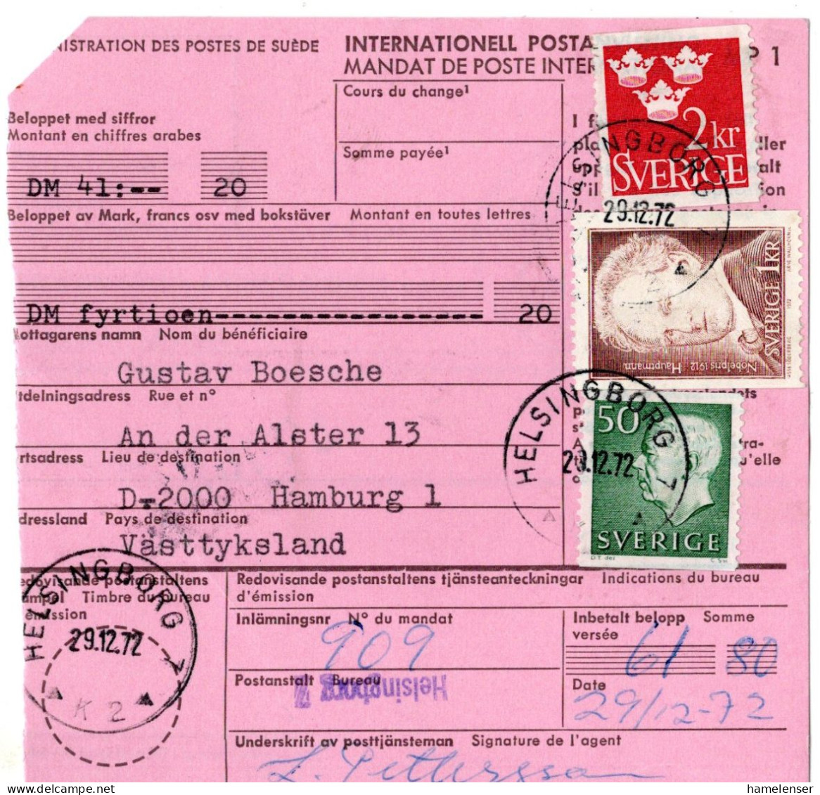 76593 - Schweden - 1972 - 2Kr. Wappen MiF A Postanw HELSINGBORG -> HAMBURG (Westdeutschland) - Briefe U. Dokumente