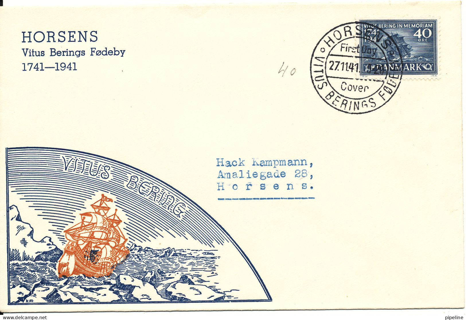 Denmark FDC Horsens (BIRTHPLACE Of VITUS BERING) 27-11-1941 Complete Set Of 3 Vitus Bering On 3 Covers With Nice Cachet - FDC