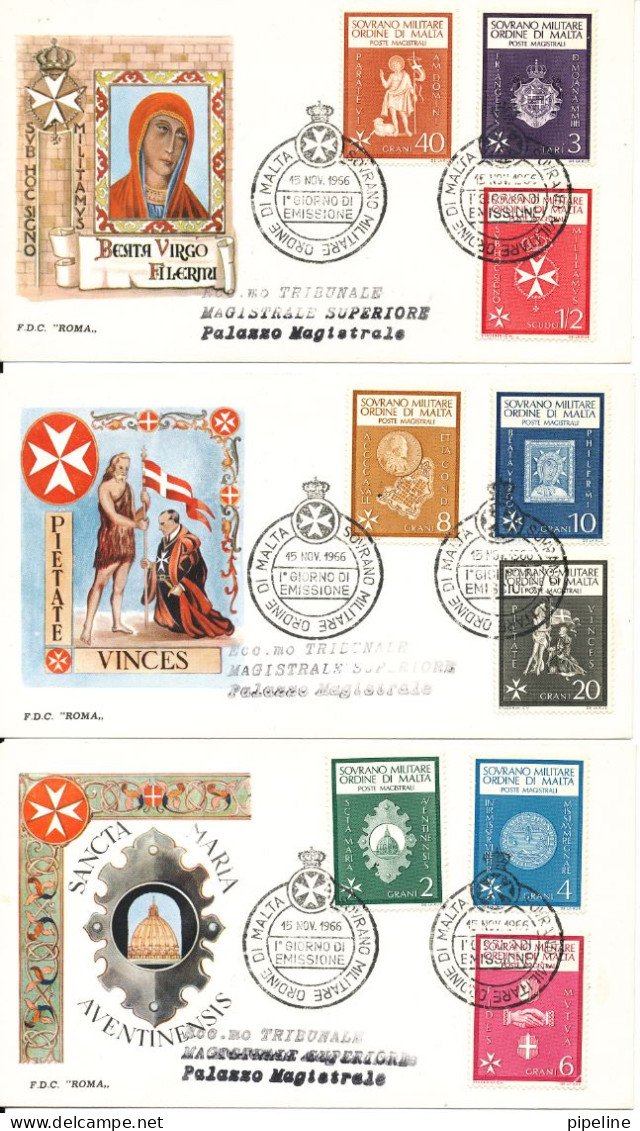 Malte FDC 15-11-1966 SMOM Ordre De Malte Set Of 9 Stamps On 3 Covers Sovrano Militare Ordine Di Malta With Cachet - Malta (Orden Von)