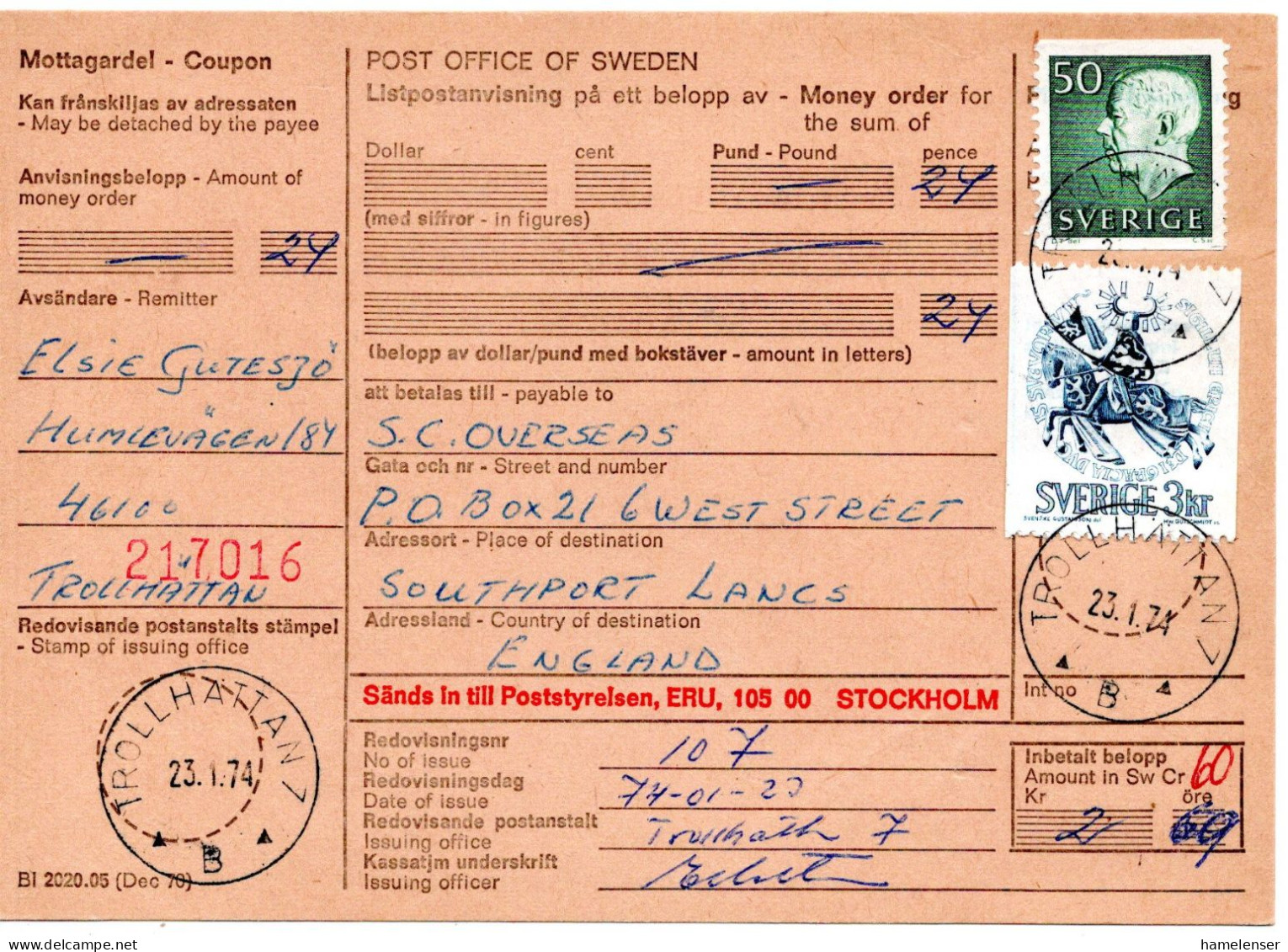 76594 - Schweden - 1974 - 3Kr. Ritter MiF A Postanw TROLLHAETTAN -> Grossbritannien - Lettres & Documents