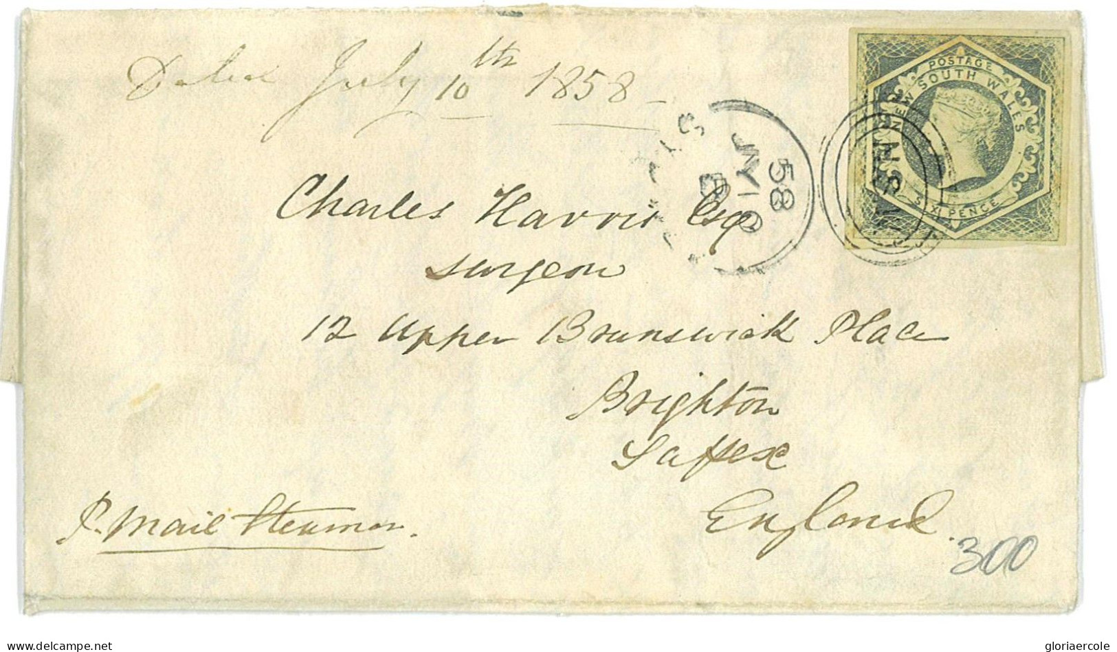 P2850 - NEW SOUTH WALES SG. 91 ON FOLDED LETTER FROM SIDNEY TO BRIGHTON 1858 - Covers & Documents