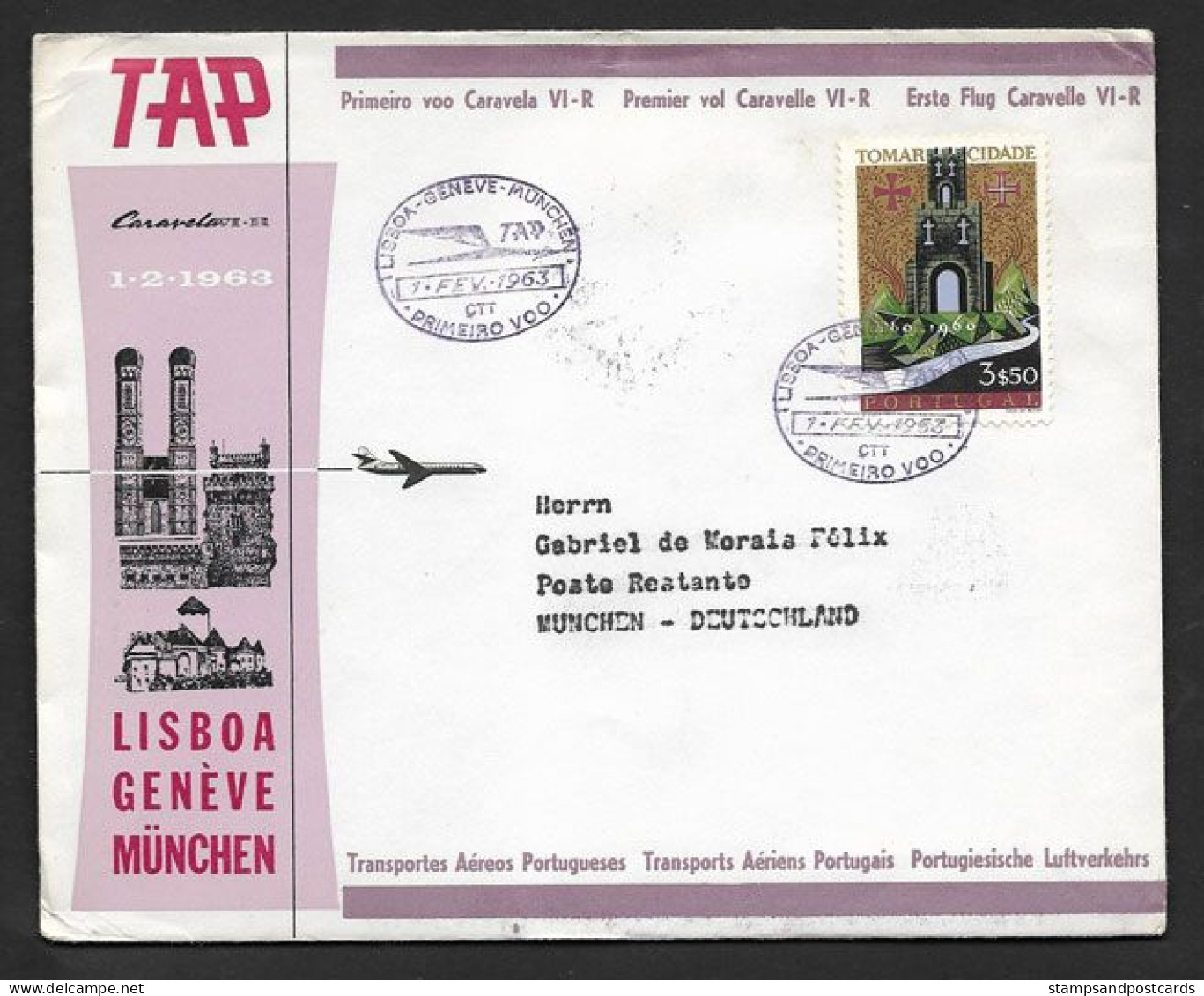 Portugal Premier Vol TAP Lisbonne Genève Suisse Munchen Allemagne 1963 First Flight Lisbon Switzerland Munich Germany - Covers & Documents