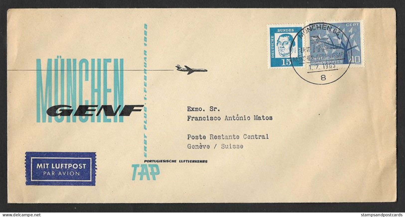 Portugal Premier Vol TAP Munchen Allemagne Genève Suisse 1963 First Flight Munich Germany Geneve Switzerland - Storia Postale