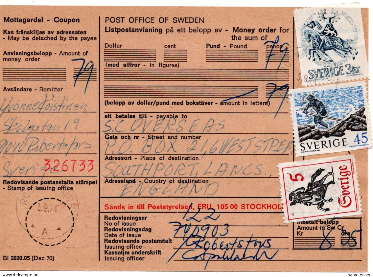 76595 - Schweden - 1974 - 3Kr. Ritter MiF A Postanw ROBERTOFORS -> Grossbritannien - Lettres & Documents