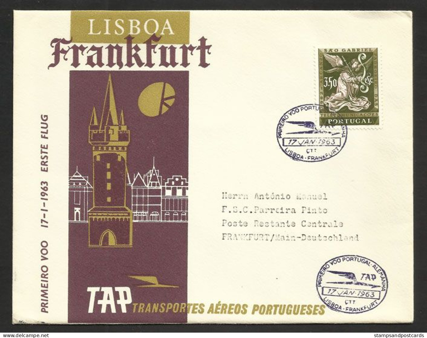 Portugal Premier Vol TAP Lisbonne Lisboa Frankfurt Allemagne 1963 First Flight Lisbon Frankfurt Germany - Brieven En Documenten