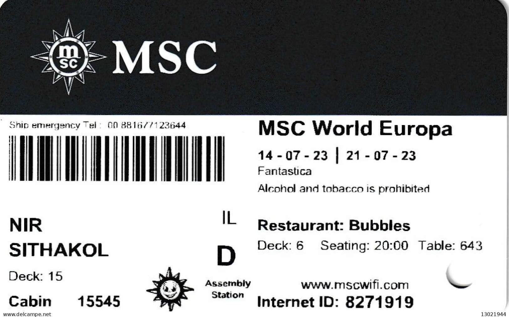 ITALIA  KEY HOTEL   MSC World Europa -Basic Card  -     MSC Crociere (Shipping Company) - Cartes D'hotel