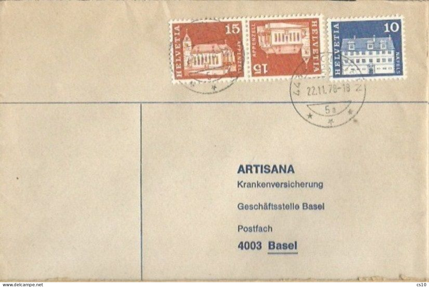 Suisse Tete Beche C.15+c.15 Appenzell FLUO K52 + C.10 Franking Cover Holsten 22nov1978 X Basel - Postmark Collection
