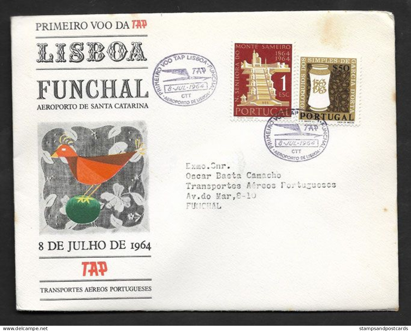 Portugal Premier Vol TAP Lisbonne Funchal Madère 1964 First Flight Lisbon Madeira Cover - Cartas & Documentos