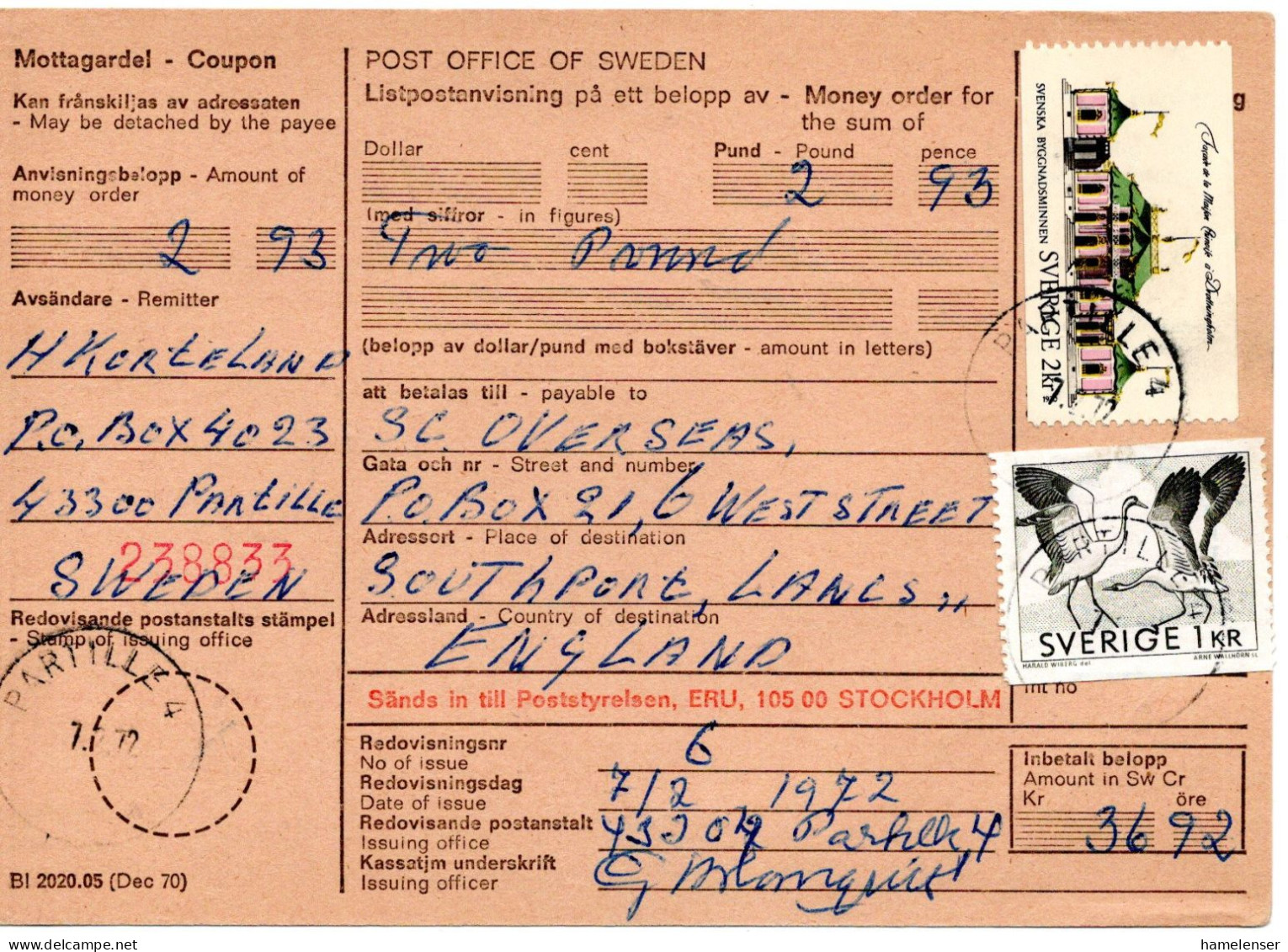 76596 - Schweden - 1974 - 2Kr. China-Haus MiF A Postanw PARTILLE -> Grossbritannien - Briefe U. Dokumente