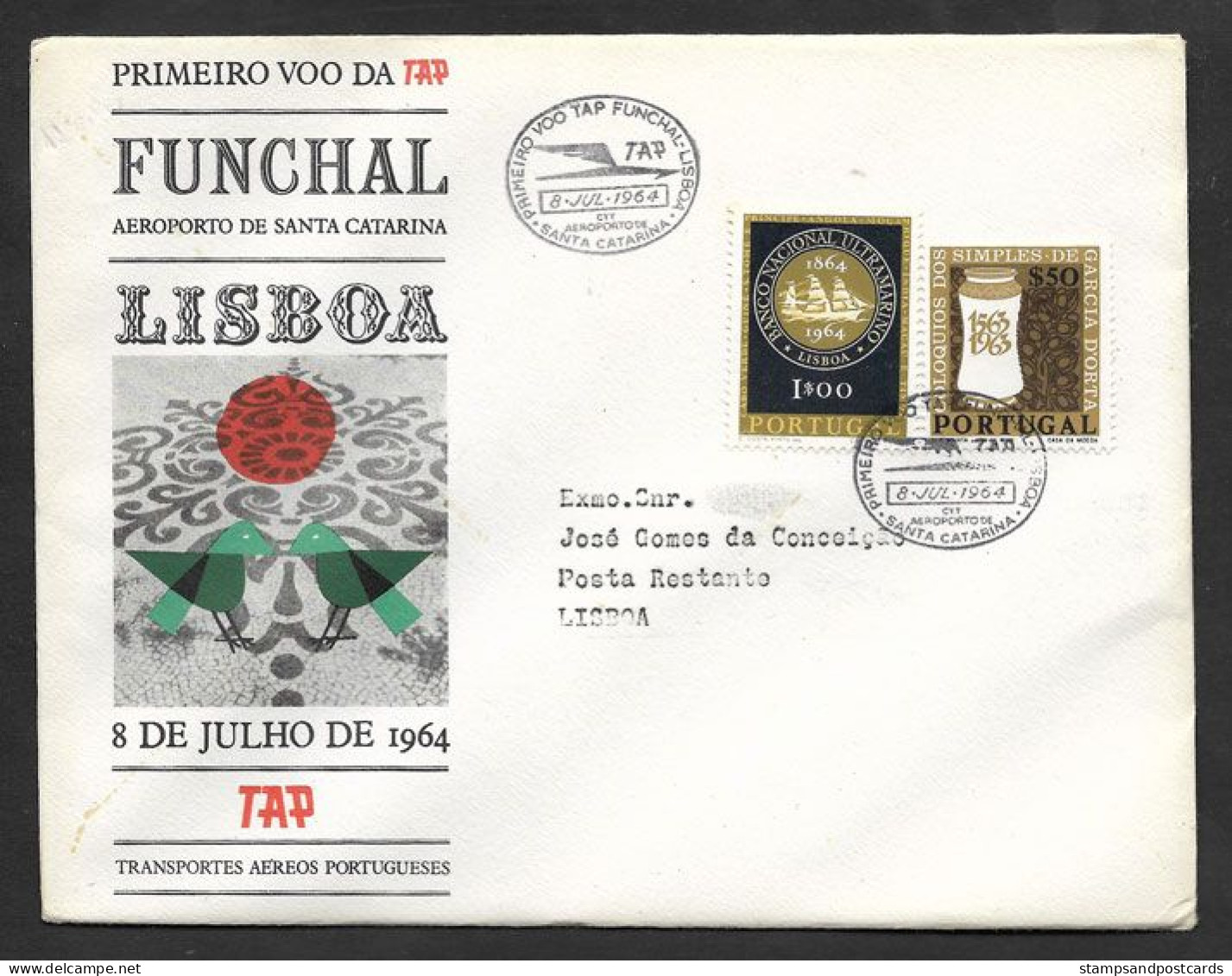 Portugal Premier Vol TAP Funchal Madère Lisbonne 1964 First Flight Madeira Lisbon Cover - Storia Postale