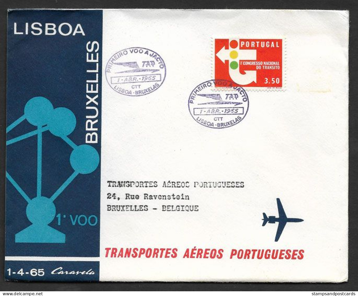 Portugal Premier Vol TAP Lisbonne Bruxelles Belgique Atomium 1965 First Flight Lisbon Brussels Belgium Cover - Cartas & Documentos