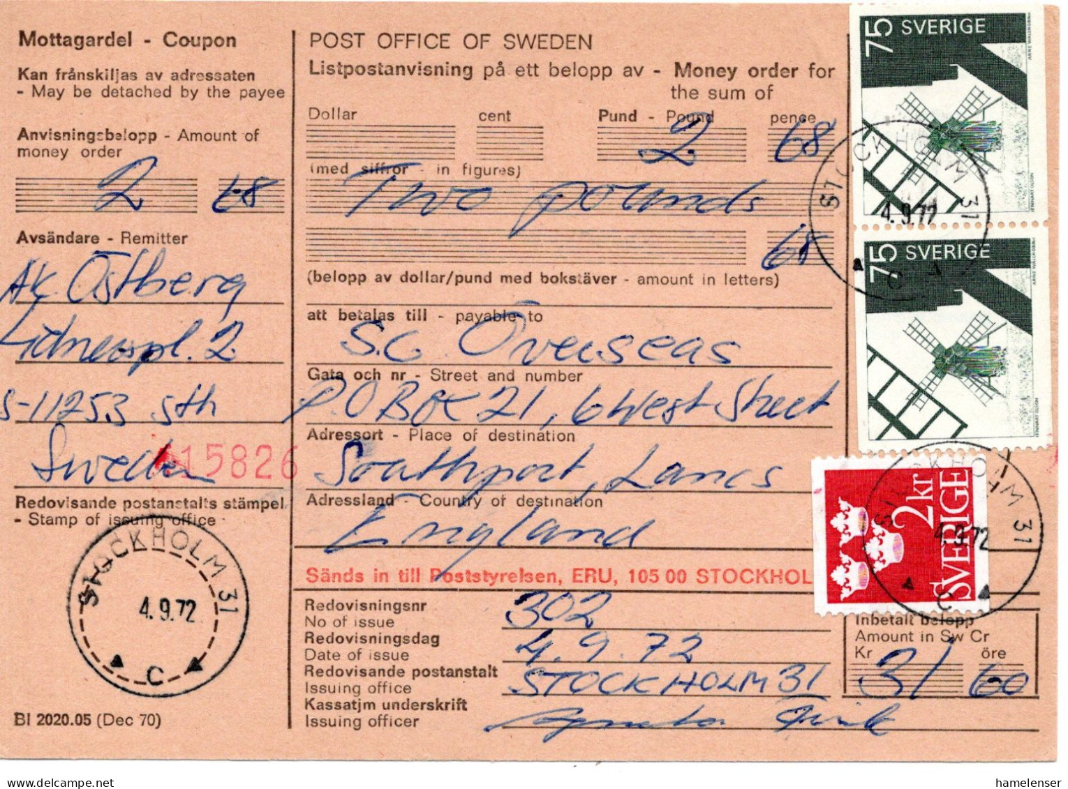 76597 - Schweden - 1972 - 2Kr. Wappen MiF A Postanw STOCKHOLM -> Grossbritannien - Covers & Documents