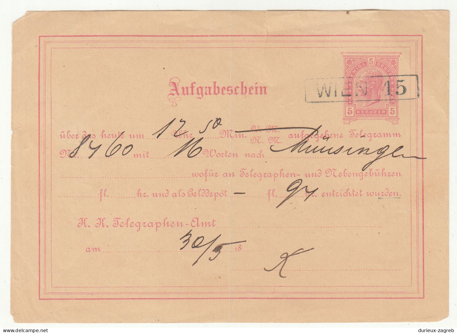 Austria Telegramm-Aufgabeschein 189? B240401 - Sonstige & Ohne Zuordnung