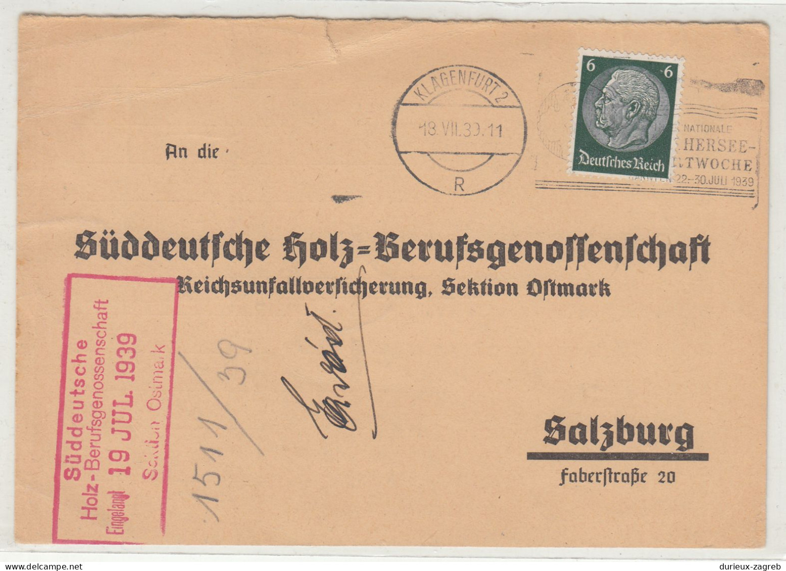 Süddeutsche Holz-Berufsgenossenschaft Reply Postal Card Posted 1939 Klagenfurt B240401 - Covers & Documents