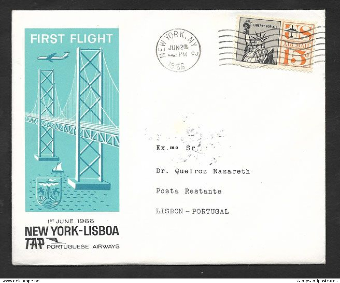 Portugal Premier Vol New York Etats Unis Lisbonne Lisboa TAP 1966 First Flight NY United States Lisbon - Lettres & Documents