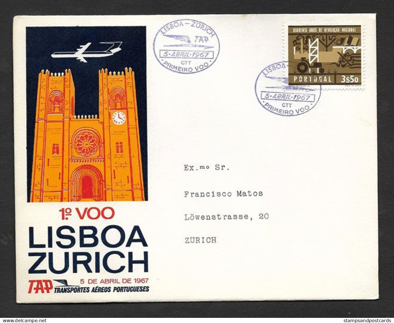 Portugal Premier Vol TAP Lisbonne Zurich Suisse 1967 First Flight Lisbon Switzerland - Brieven En Documenten