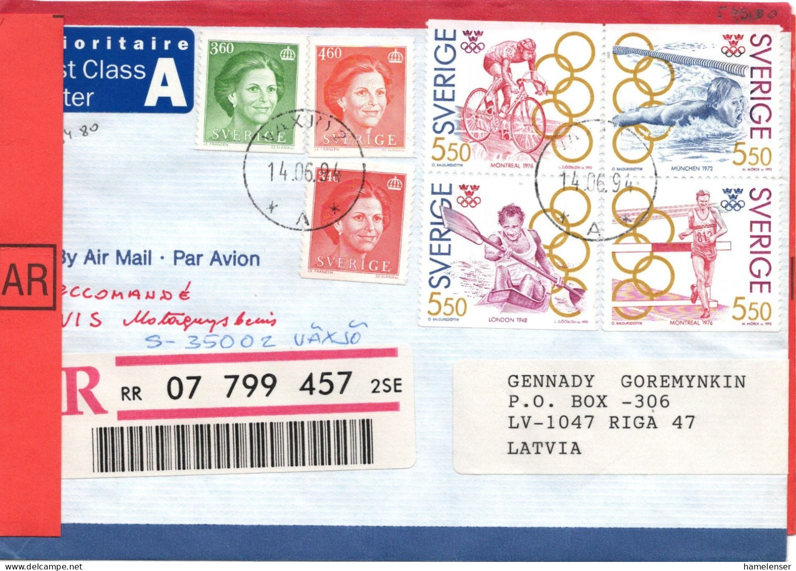 76598 - Schweden - 1994 - 5,50Kr. Olympia MiF A R-RSchLpBf VAEXJOE -> RIGA (Lettland) - Storia Postale