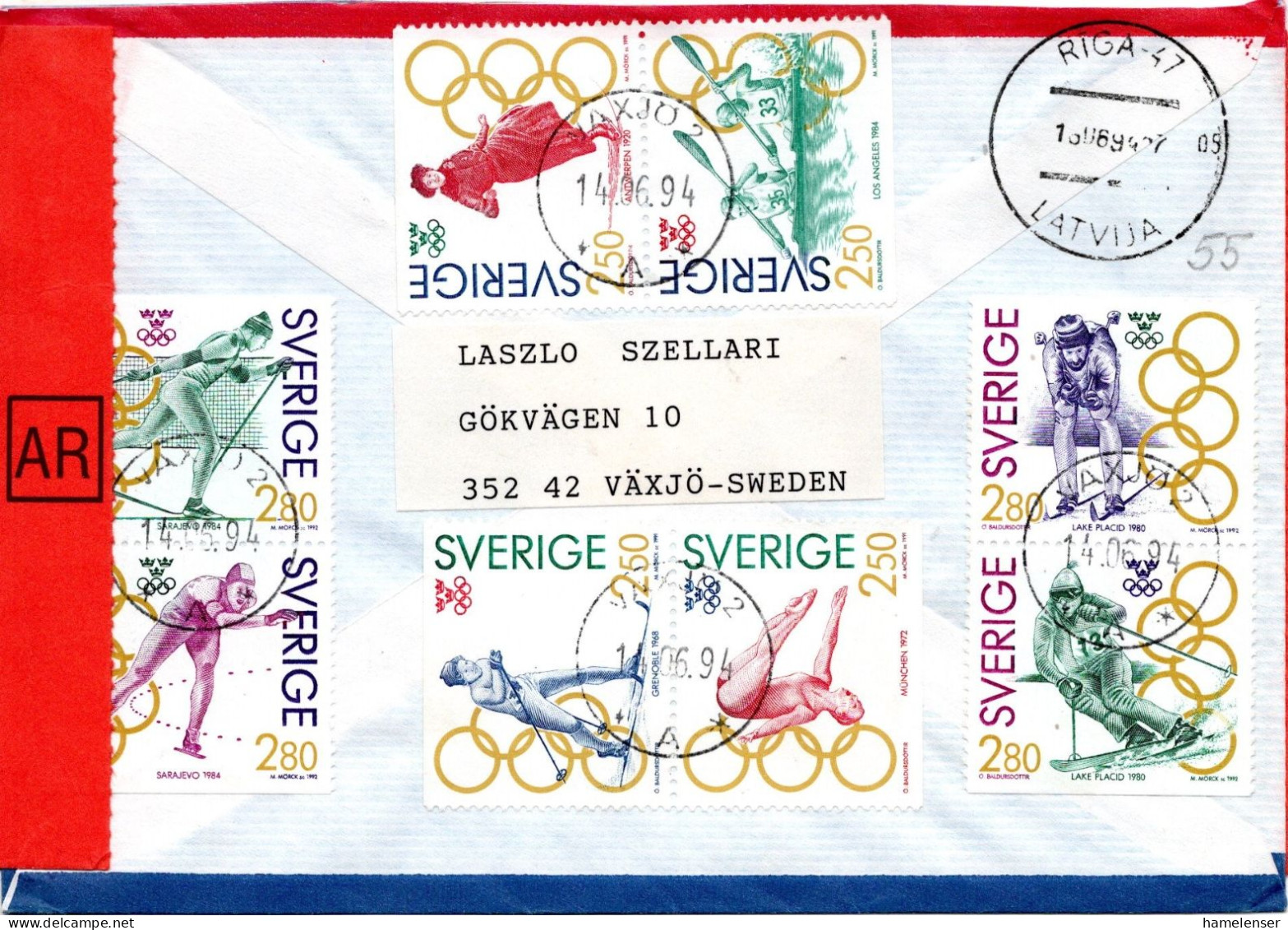 76598 - Schweden - 1994 - 5,50Kr. Olympia MiF A R-RSchLpBf VAEXJOE -> RIGA (Lettland) - Lettres & Documents
