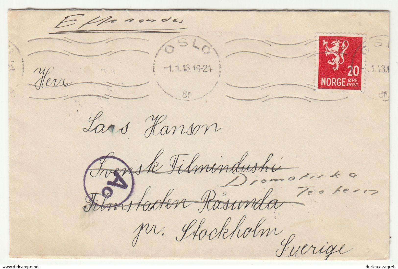 Norway Letter Cover Posted 1943 Oslo To Sweden B240401 - Storia Postale