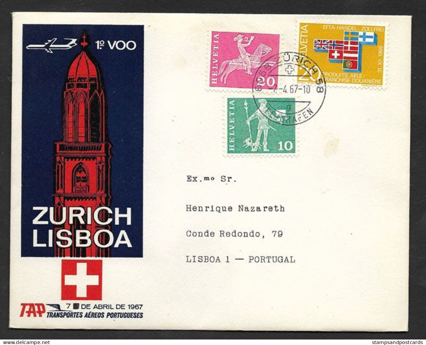 Portugal Premier Vol TAP Zurich Suisse Lisbonne 1967 First Flight Switzerland Lisbon - Storia Postale