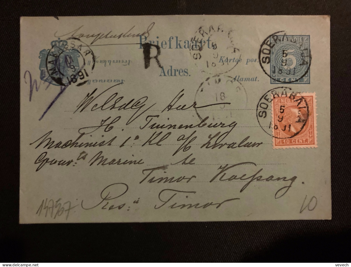CP EP REC 5c + TP 10c OBL.5 9 1891 SOERABAIJA Pour GOUVERNEUR MARINE DU TIMOR - Netherlands Indies
