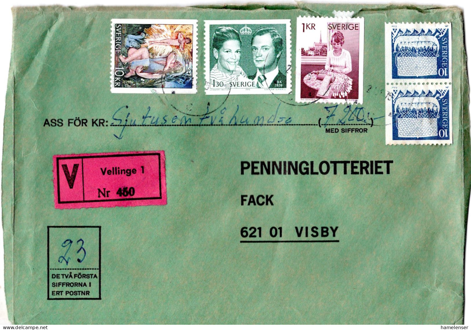 76599 - Schweden - 1975 - 10Kr. Sagen MiF A W-Bf (7200Kr., Dreiseit Geoeffn) VELLINGE -> Visby - Lettres & Documents