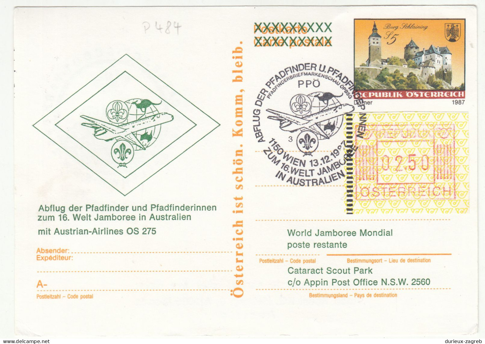 Austria Abflug Der Pfadfinder To Jamboree In Australia Special Postcard And Postmark Posted 1988 To Australia B240401 - Storia Postale