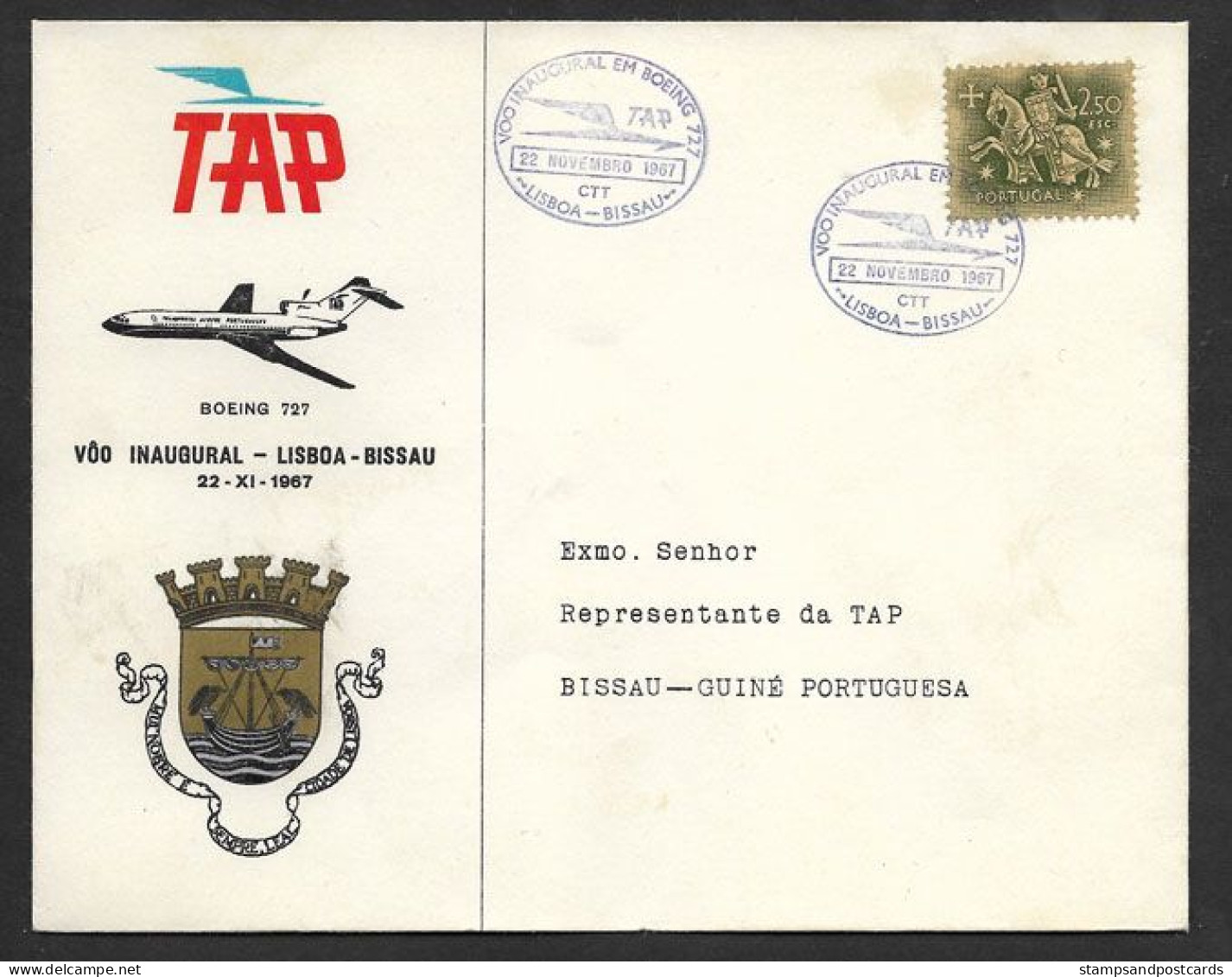 Guinée Portugaise Bissau Portugal Premier Vol TAP Boeing 727 Lisbonne Bissau 1967 First Flight Lisbon Bissau - Briefe U. Dokumente