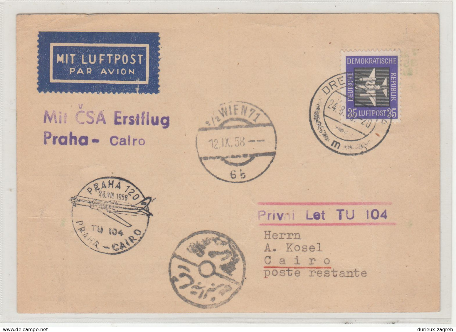 Germany DDR 1958 ČSA Praha-Cairo TU104 First Flight Card Posted  B240401 - Other (Air)
