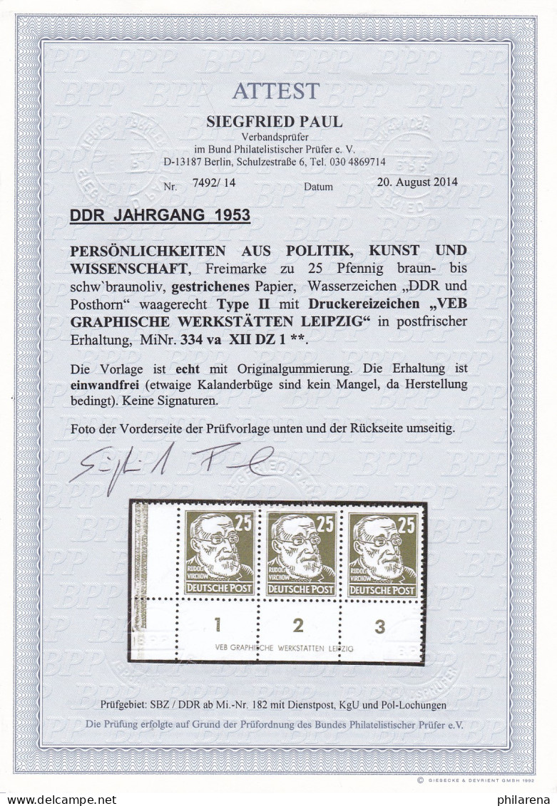 DDR: MiNr. 334 Va XII DZ 1, Eckrand 3er Streifen, Postfrisch ** - Neufs