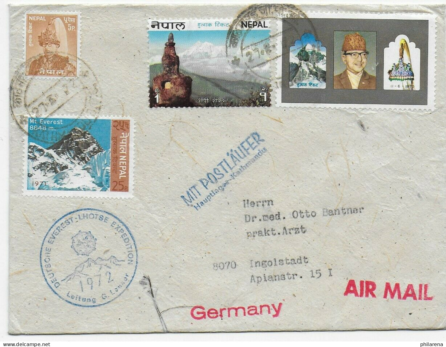 Mit Postläufer, Kathmandu, Deutsche Evererst Lhotse Expedition 1972, Air Mail - Népal