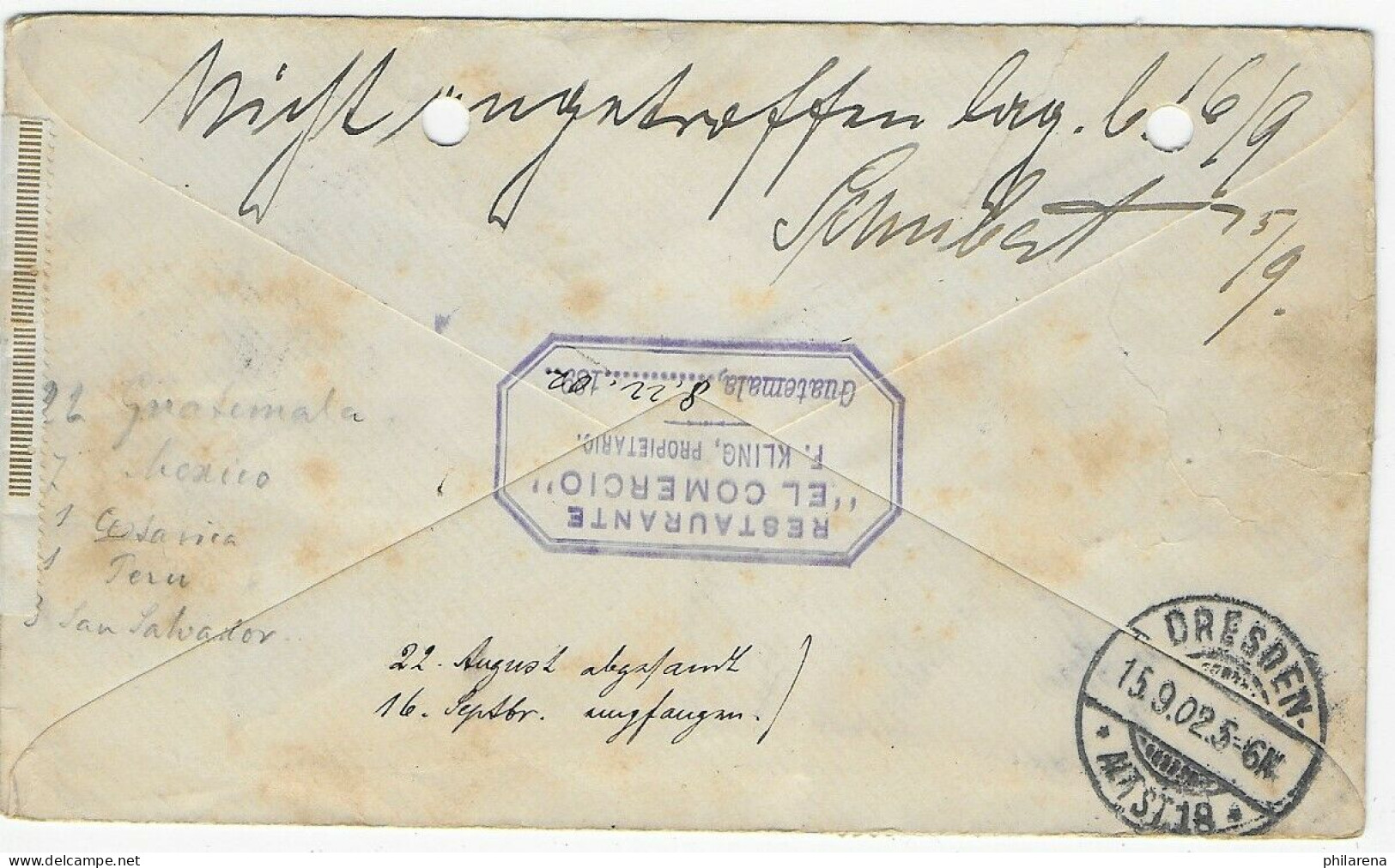 Cover Guatemala To Dresden/Germany 1902, Rückschein - Guatemala