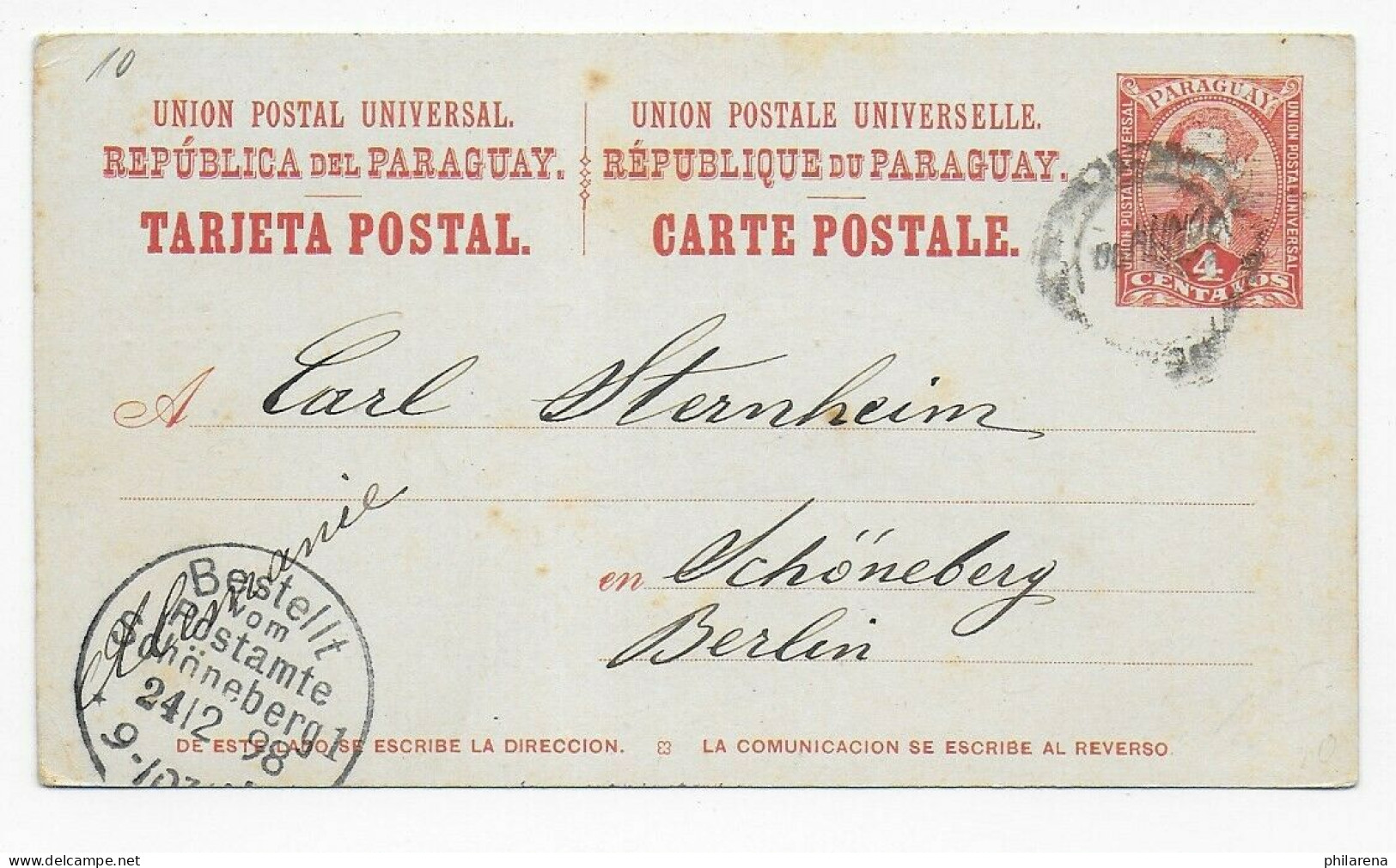 Post Card Asuncion To Schöneberg/Berlin, 1898 - Paraguay