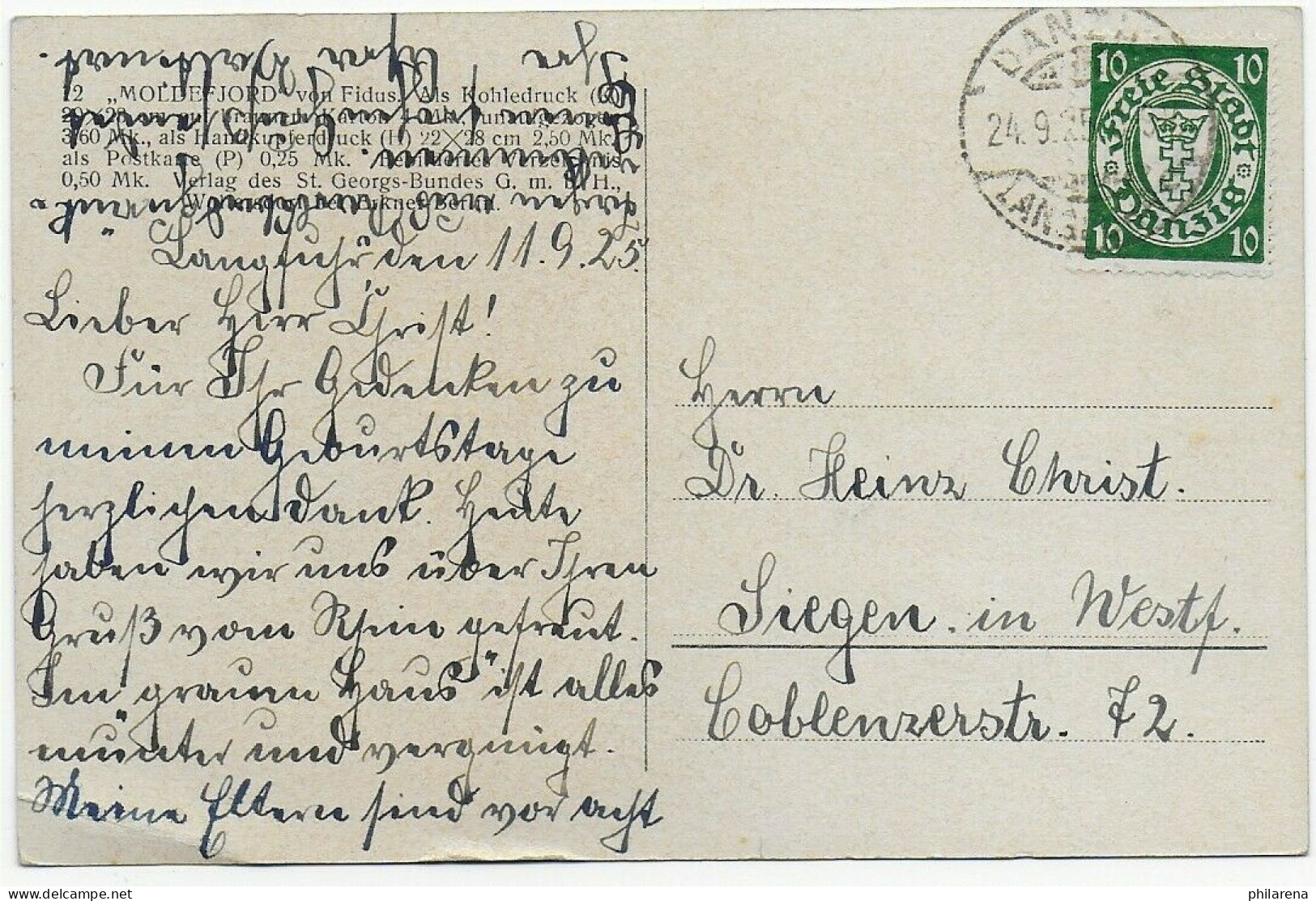 Ansichtskarte Norwegen Von Danzig 1925 Nach Siegen - Lettres & Documents