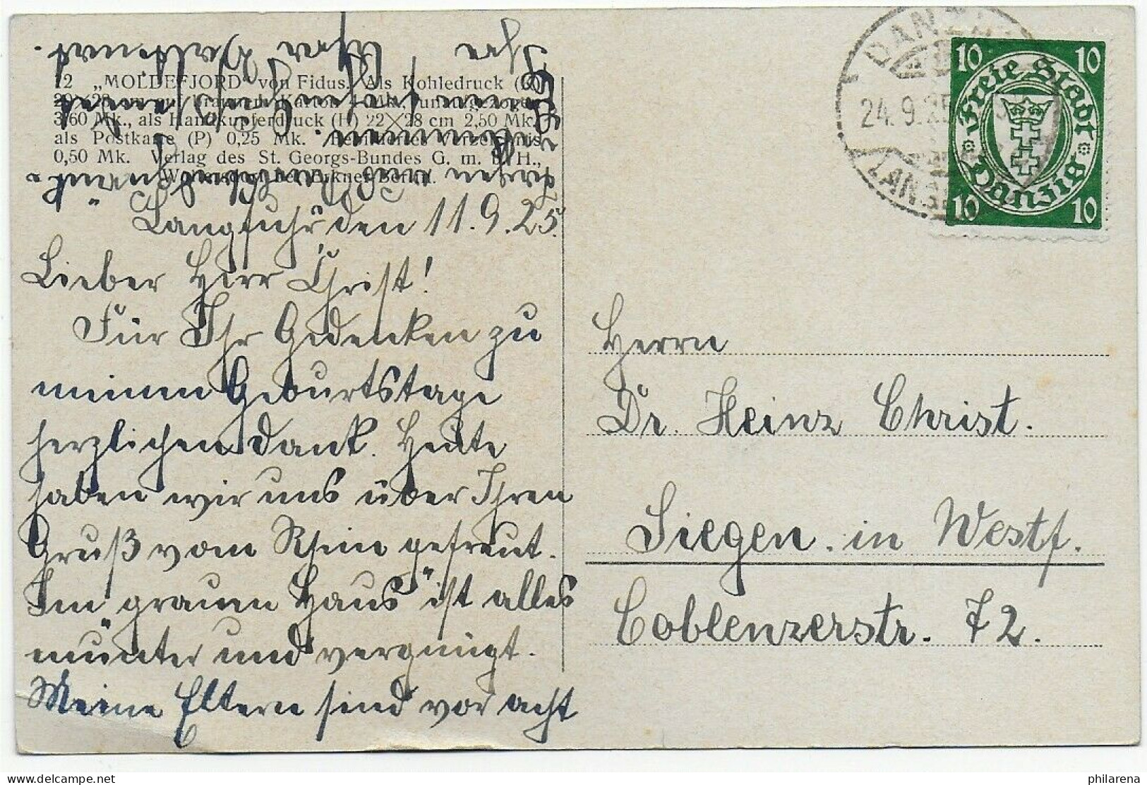 Ansichtskarte Norwegen Von Danzig 1925 Nach Siegen - Storia Postale