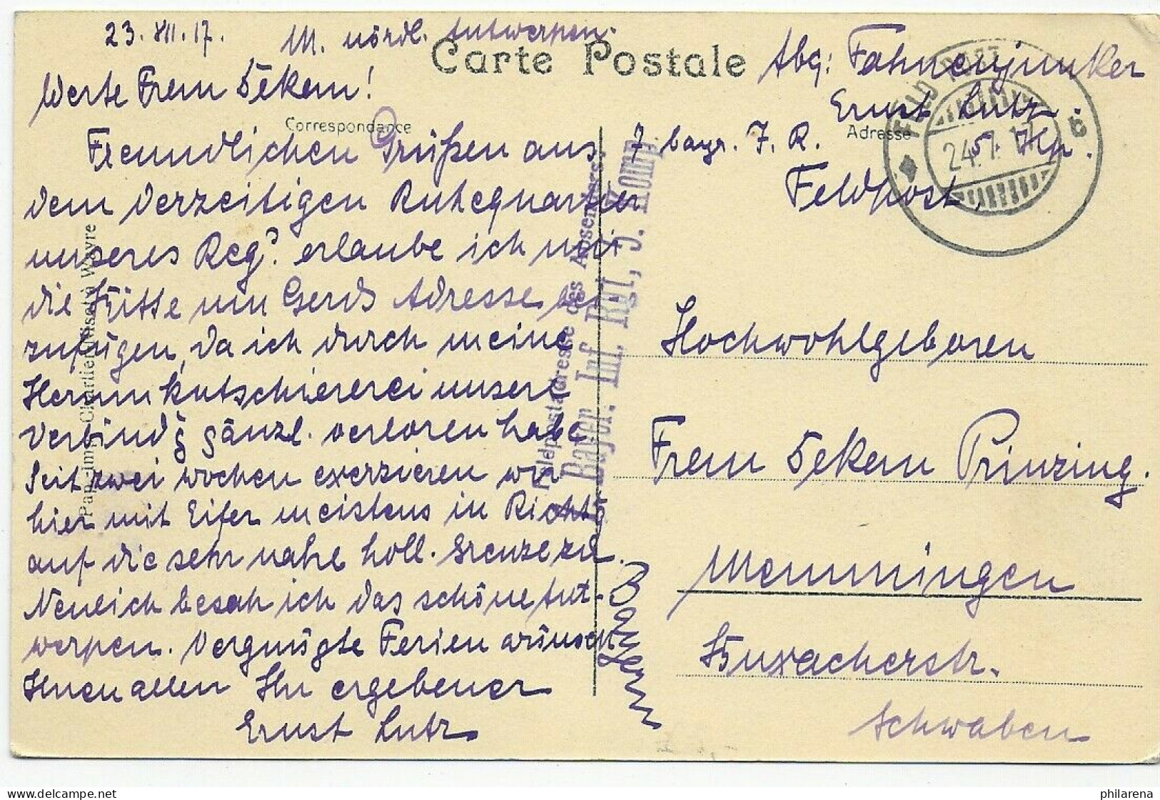 Ansichtskarte Ste-Mariaburg 1917 Als Feldpost Bayr. Inf. Reg. Nach Memmingen - Feldpost (postage Free)