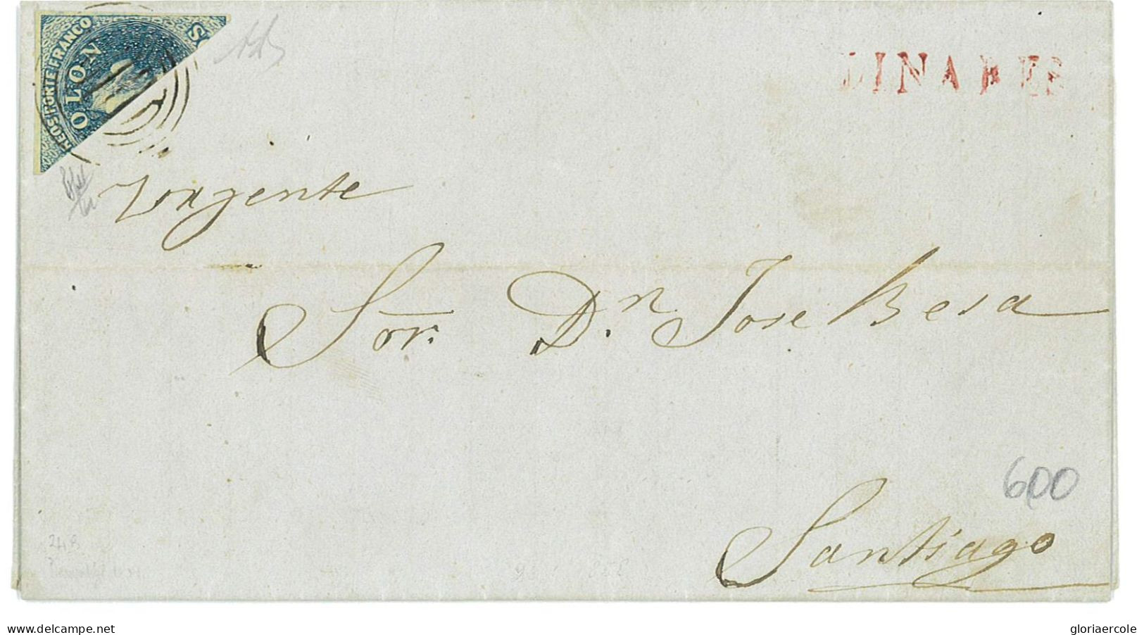 P2859 - CHILE YVERT 6 BLUE (SHADES) DIAGONAL CUT ON LETTER, FROM LINARES (PRESTAMP STRIKE RED) 25.01.1858, TO SANTIAGO - Cape Of Good Hope (1853-1904)
