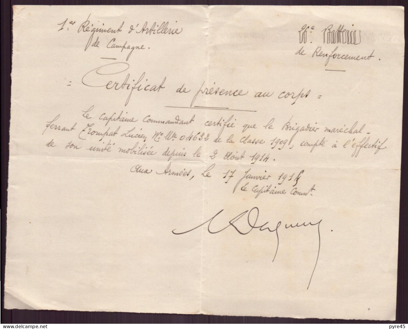 Certificat De Présence Au Corps, 1er Régiment D'artillerie De Campagne, 1915 - Unclassified