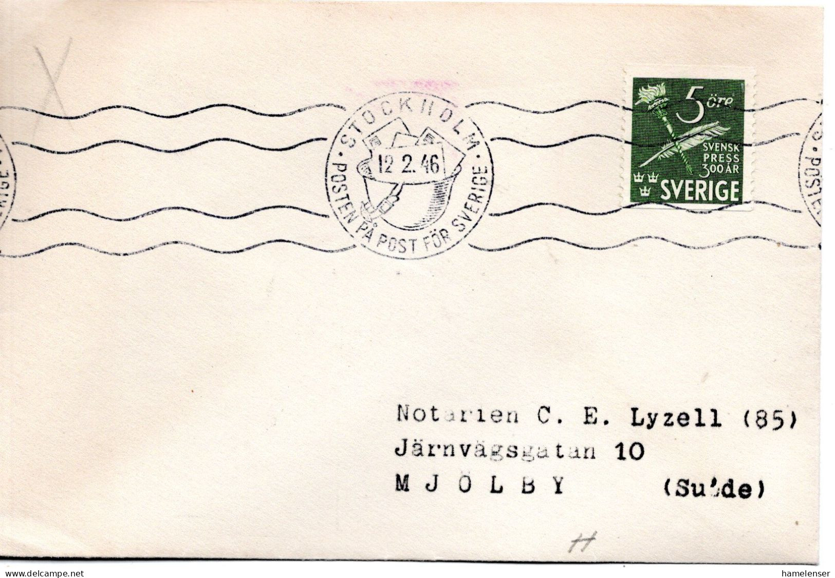 76601 - Schweden - 1946 - 5o. Presse EF A Bf SoStpl STOCKHOLM - ... -> Mjoelby - Covers & Documents