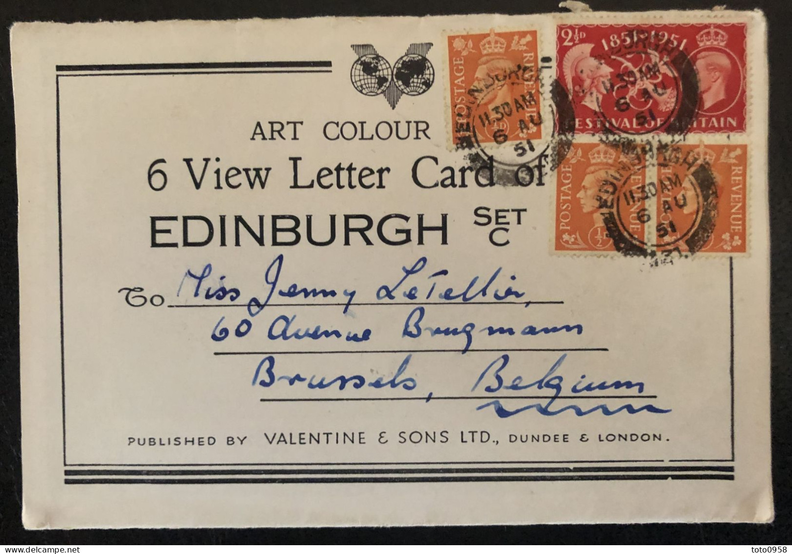 Grande Bretagne 1951 View Letter From Edinburgh To Brussel - Very Beautiful - Lettres & Documents