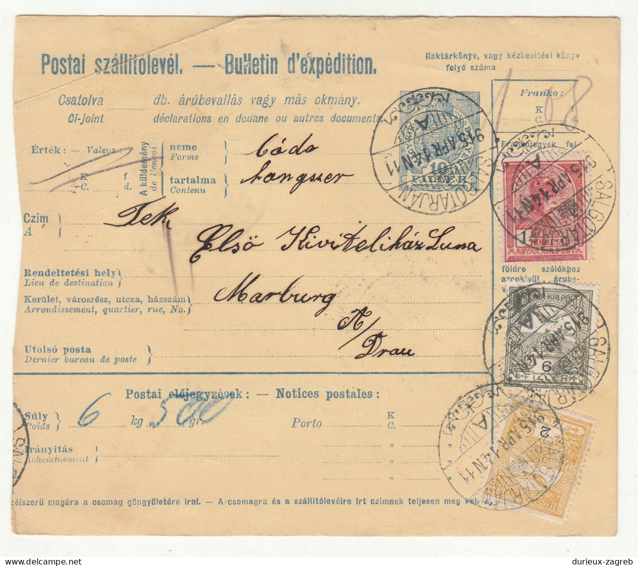 Hungary Parcel Card 1915  Salgótarján To Marburg An Der Drau B240401 - Postpaketten