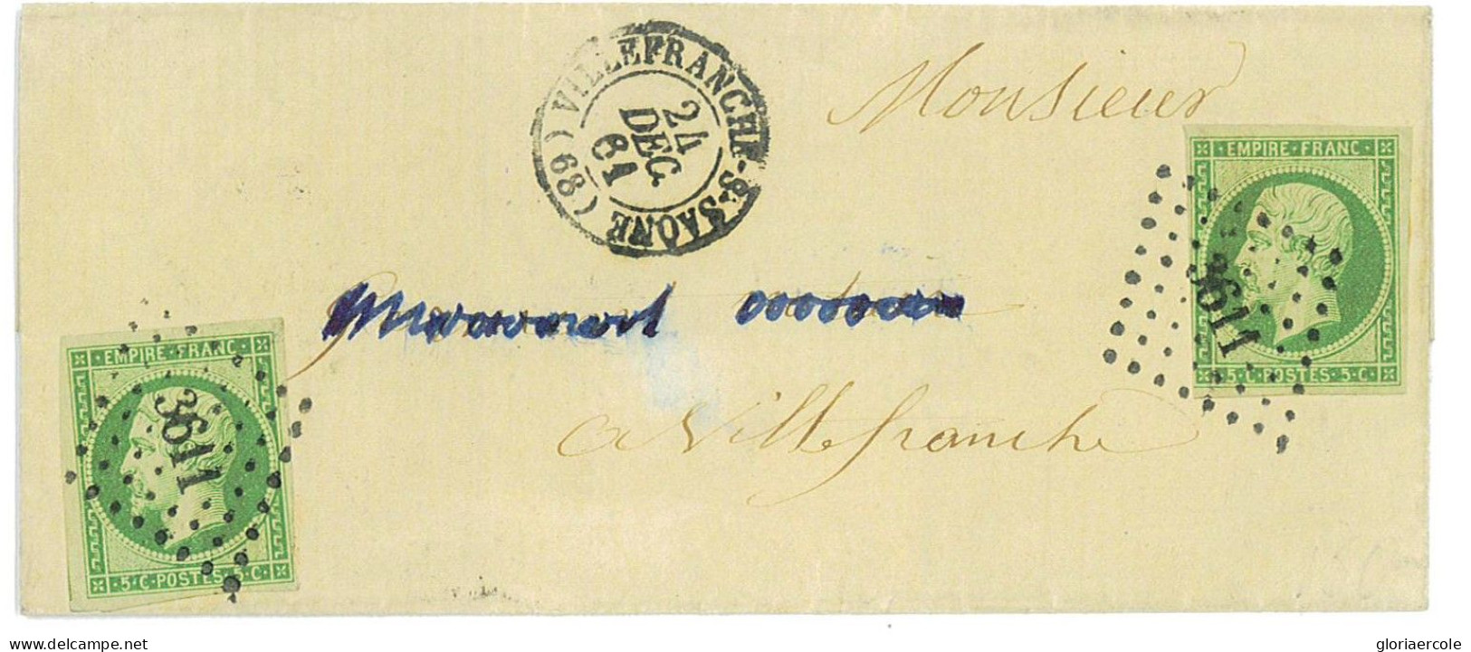 P2865 - FRANCE YVERT 12 A VERT JAUNE, 2 STAMPS ON FOLDED LETTER, LOCAL USE 1861 VILLEFRANCHE - 1853-1860 Napoleone III